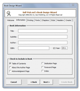 (Screen shot of the Information tab of the Book Design Wizard 2.0)