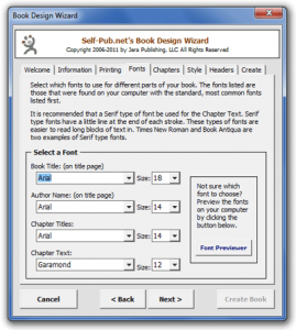 (Screen shot of the Fonts tab of the Book Design Wizard 2.0)