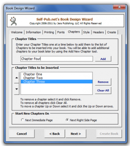 (Screen shot of the Chapters tab of the Book Design Wizard 2.0)