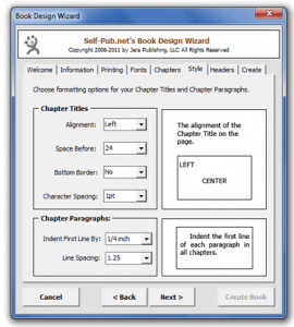 (Screen shot of the Styles tab of the Book Design Wizard 2.0)